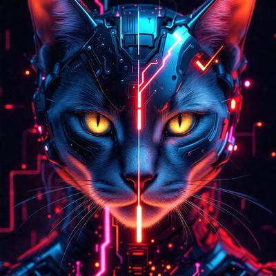 The primary subject of the image is a cat with yellow eyes, wearing a futuristic, high-tech headpiece. The setting is a futuristic environment, with the cat standing in front of a backdrop of neon lights and a computer screen. The visual style is a combination of digital art and illustration, creating a unique and eye-catching image. The dominant colors are neon pink and blue, giving the scene a futuristic and vibrant atmosphere.
